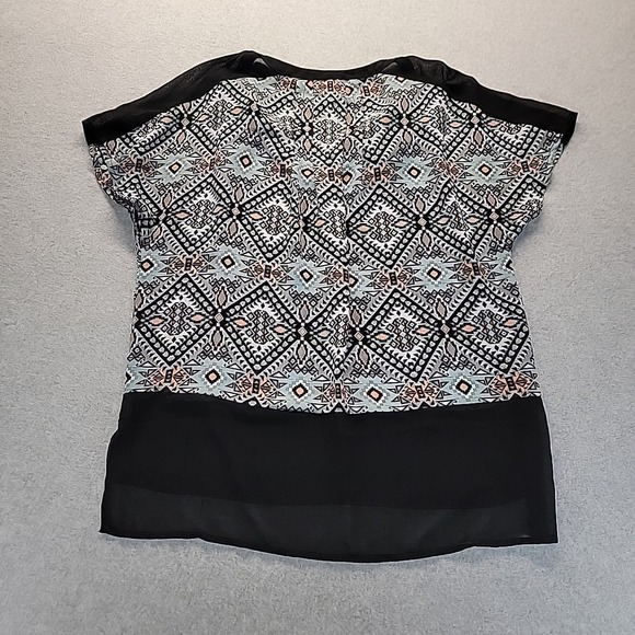 Tops - Myan Women's Top Medium Black Tan Sheer Geometric‎ Print Short Sleeve Blouse